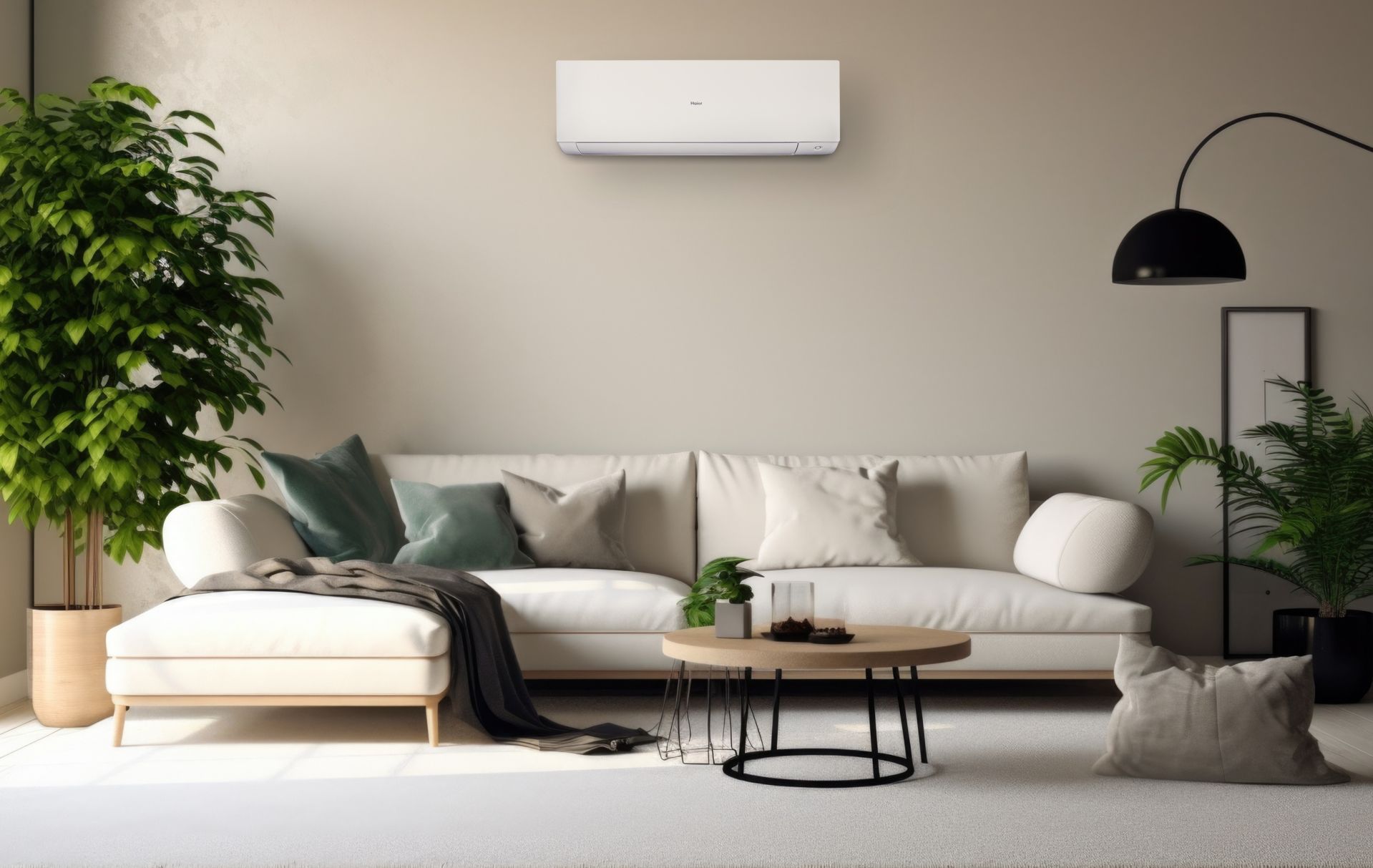 Светлая гостиная с настенным кондиционером Haier
